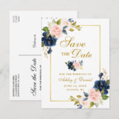 Elegante Roze Blush Blauwe Bloem Gouden Save the D Aankondigingskaart (Voorkant / Achterkant)
