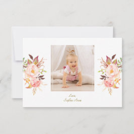 Elegante Roze Blush Bloem Goud Meisje Foto Doop  Bedankkaart