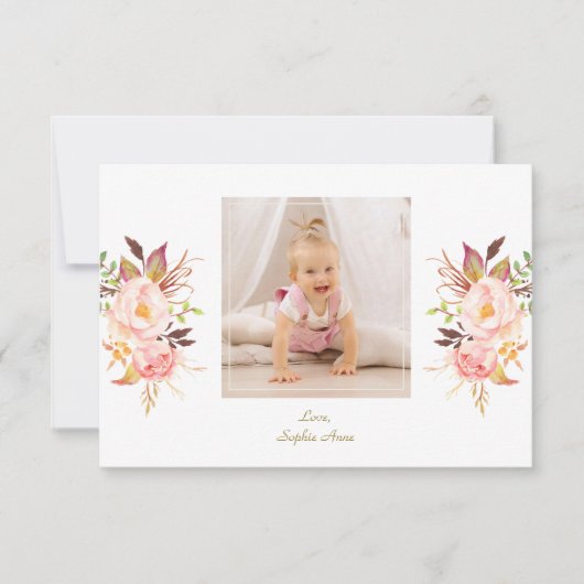 Elegante Roze Blush Bloem Goud Meisje Foto Doop  Bedankkaart (Voorkant)