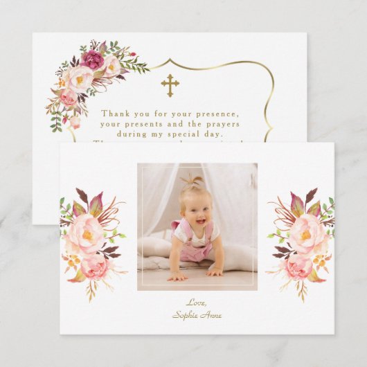 Elegante Roze Blush Bloem Goud Meisje Foto Doop  Bedankkaart (Voorkant / Achterkant)