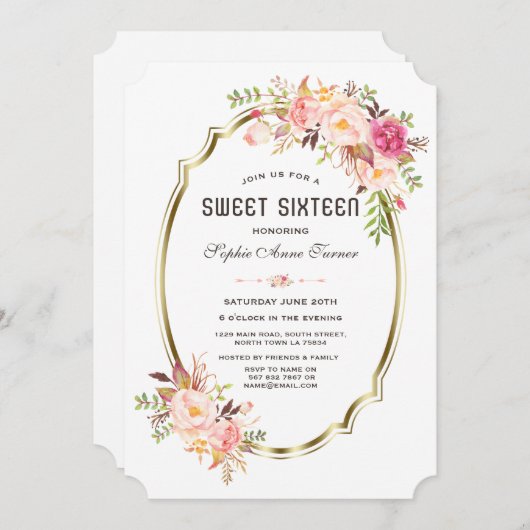 Elegante Roze Blush Bloem Gouden Lijst  Sweet 16 Kaart (Voorkant / Achterkant)