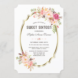 Elegante Roze Blush Bloem Gouden Lijst Sweet 16 Kaart