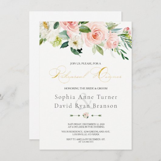 Elegante Roze Blush Bloem Gouden Oefenavondmaal Kaart (Voorkant / Achterkant)