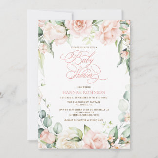Elegante Roze Blush Bloemen Baby Shower Uitnodigin Kaart