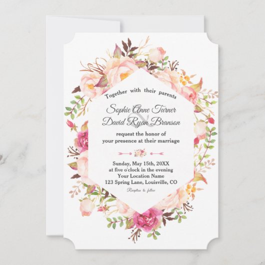 Elegante Roze Blush Bloemen Geometrische bruiloft Kaart (Voorkant)