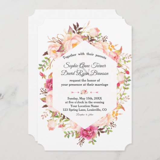 Elegante Roze Blush Bloemen Geometrische bruiloft Kaart (Voorkant / Achterkant)