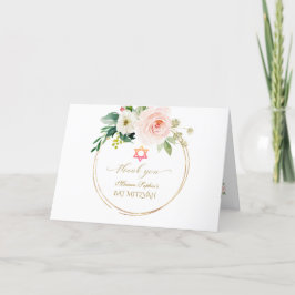 Elegante Roze Blush Bloemen Gouden Foto Bat Mitzva Bedankkaart