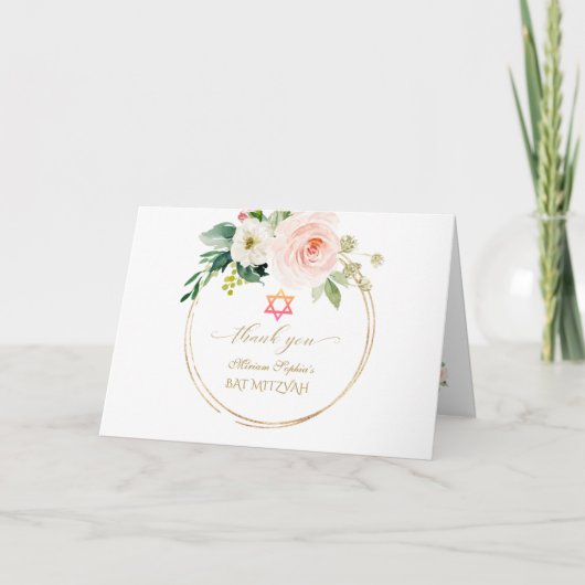 Elegante Roze Blush Bloemen Gouden Foto Bat Mitzva Bedankkaart (Voorkant)