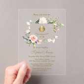 Elegante Roze Blush Bloemen Meisje Heilige Communi Acryl Uitnodigingen (Insitu (Draagbaar))