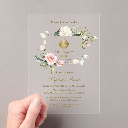 Elegante Roze Blush Bloemen Meisje Heilige Communi Acryl Uitnodigingen (Insitu (Draagbaar))