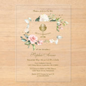 Elegante Roze Blush Bloemen Meisje Heilige Communi Acryl Uitnodigingen (Voorkant)