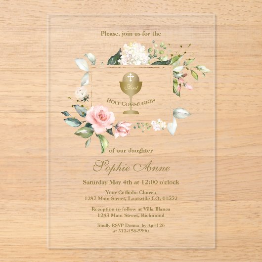 Elegante Roze Blush Bloemen Meisje Heilige Communi Acryl Uitnodigingen (Voorkant)