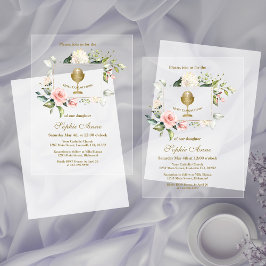 Elegante Roze Blush Bloemen Meisje Heilige Communi Acryl Uitnodigingen