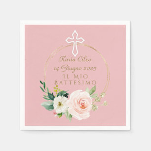 Elegante Roze Blush Bloemen Witte Kruis Doop Servet