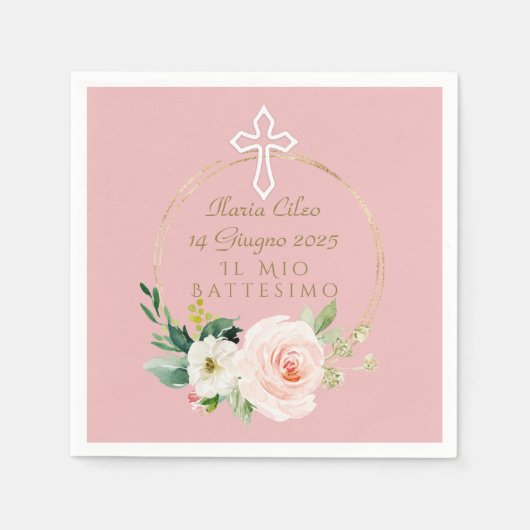 Elegante Roze Blush Bloemen Witte Kruis Doop Servet (Voorkant)