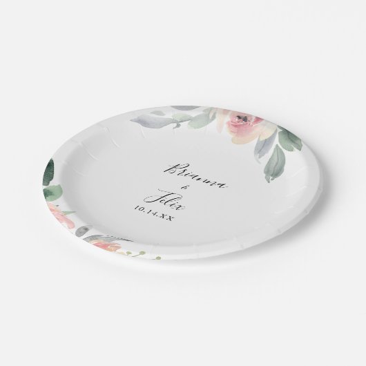 Elegante roze blush bloemenbruiloft taart papieren bordje (Gekanteld)