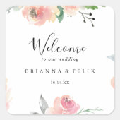 Elegante roze blush bloemenbruiloft welkom vierkante sticker (Voorkant)