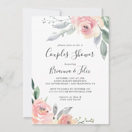 Elegante roze blush bloemenkoppels douche kaart (Voorkant)