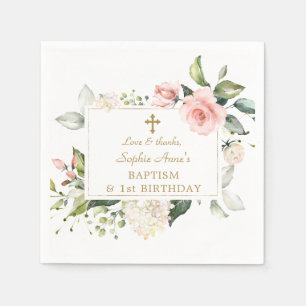 Elegante Roze Blush Bloemige 1e Verjaardag Doop Servet