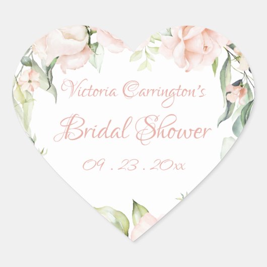 Elegante Roze Blush Bloemige Bruidsdouche Hart Sticker (Voorkant)