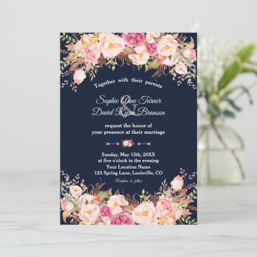 Elegante Roze Blush Bloemige Navyblauwe Trouw Kaart