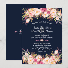Elegante Roze Blush Bloemige Navyblauwe Trouw Kaart