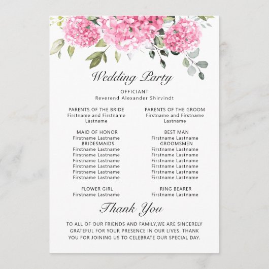 Elegante Roze Blush Hydrangea Boho Trouwceremonie Programmakaart (Achterkant)