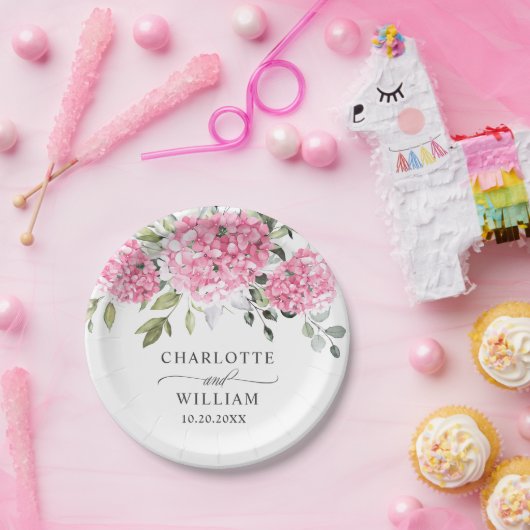 Elegante Roze Blush Hydrangea Eucalyptus Bruiloft Papieren Bordje (Feest)