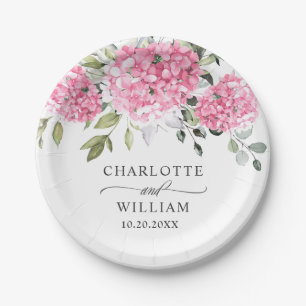 Elegante Roze Blush Hydrangea Eucalyptus Bruiloft Papieren Bordje