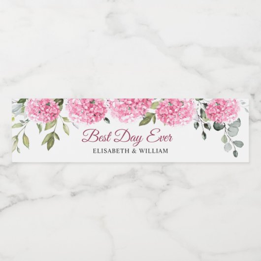 Elegante Roze Blush Hydrangea Eucalyptus Bruiloft Waterfles Etiket (Enkel label)