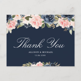 Elegante roze blush & navy bloemenbruiloft dank u briefkaart