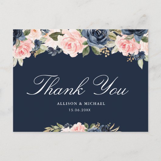 Elegante roze blush & navy bloemenbruiloft dank u briefkaart (Voorkant)