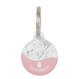 Elegante Roze Blush & Nepmarmer met Pootafdruk Huisdierpenning