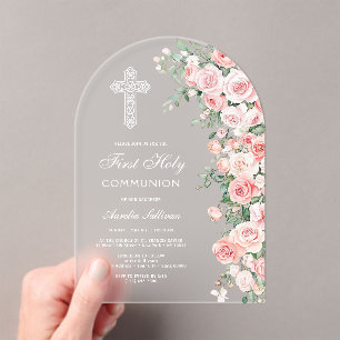 Elegante Roze Blush Rozen Eerste Communie Boog Acryl Uitnodigingen