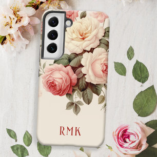 Elegante Roze & Blush Rozen met Monogram Samsung Galaxy Hoesje