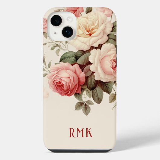 Elegante Roze & Blush Rozen w/Monogram iPhone Hoesje (Achterkant)