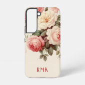 Elegante Roze & Blush Rozen w/Monogram Samsung Galaxy Hoesje (Achterkant)