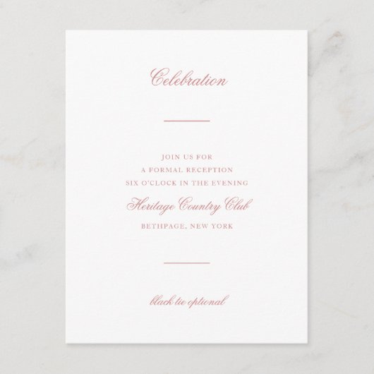Elegante Roze Blush Script Chic Bruiloftsfeest Informatiekaartje (Voorkant)