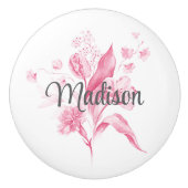 Elegante Roze Boeket Grijze Script Naam Lade Knop (Voorkant)