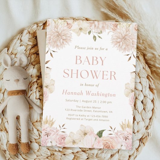 Elegante Roze Boho Bloemen Baby shower Uitnodiging