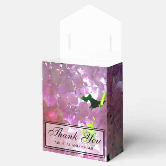 Elegante roze boho bloemen hortensia's bedankdoosjes (Geopend)
