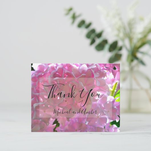 Elegante roze boho bloemen hortensia's bedankkaart (Staand voorkant)