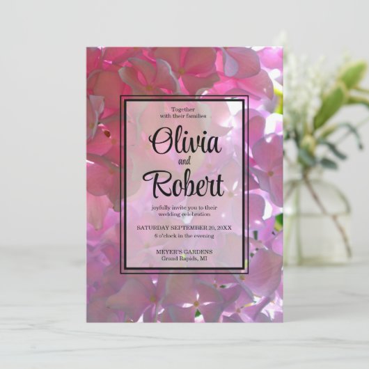 Elegante roze boho bloemen hortensia's bruiloft kaart (Staand voorkant)