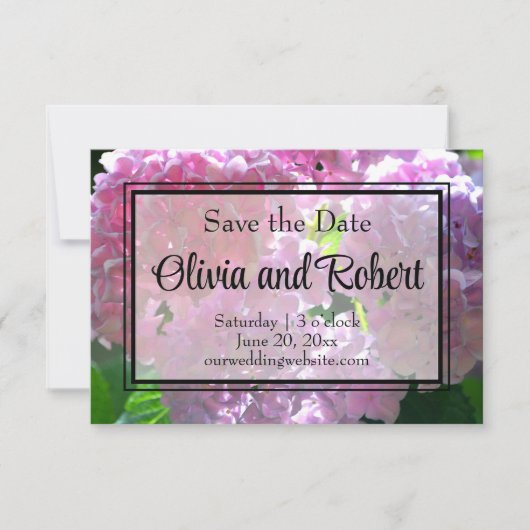 Elegante roze boho bloemen hortensia's save the date (Voorkant)