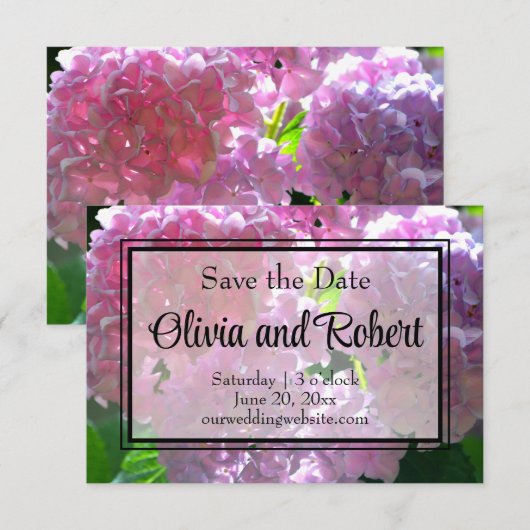 Elegante roze boho bloemen hortensia's save the date (Voorkant / Achterkant)