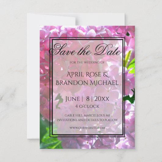 Elegante roze boho bloemen hortensia's save the date (Voorkant)
