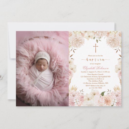 Elegante Roze Boho Bloemendoop Fotouitnodiging Kaart (Voorkant)