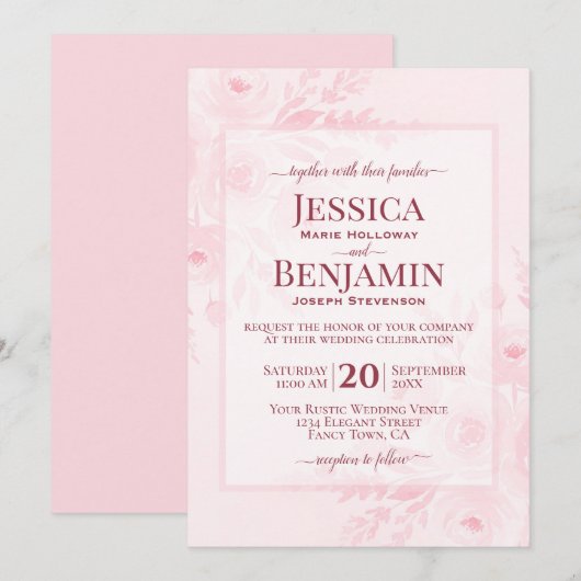 Elegante Roze Boho Chic Bloemige Bruiloft Kaart (Voorkant / Achterkant)