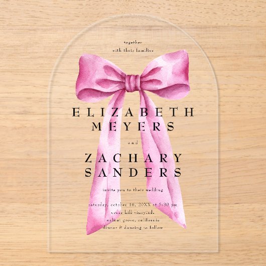 Elegante Roze Boog Bruiloft Acryl Uitnodigingen (Voorkant)