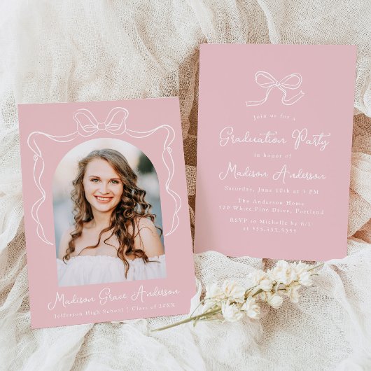 Elegante roze  boog foto afstuderen partij kaart